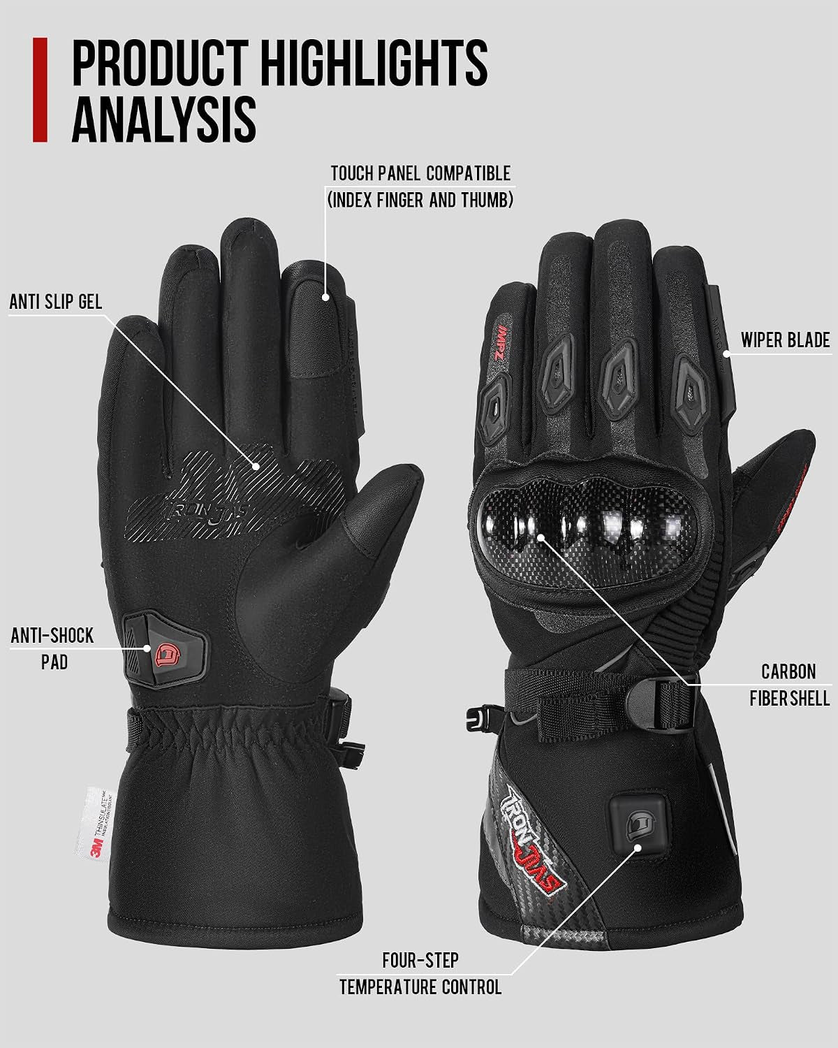Heated Motorcycle Gloves, Fingertip Heating, Waterproof, Touchscreen, 3000 Mah Battery, Car USB Power Supply