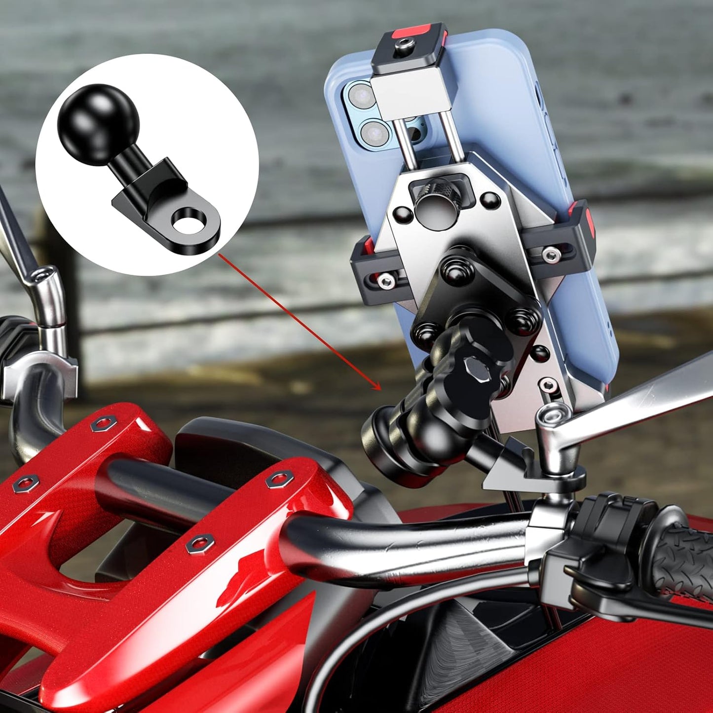 Aluminum Alloy Mount Base with 1'' TPU Ball & 10Mm Mounting Hole | Angled Bolt Head Adapter Ball Base Compatible with RAM Mounts B Size Double Socket Arm