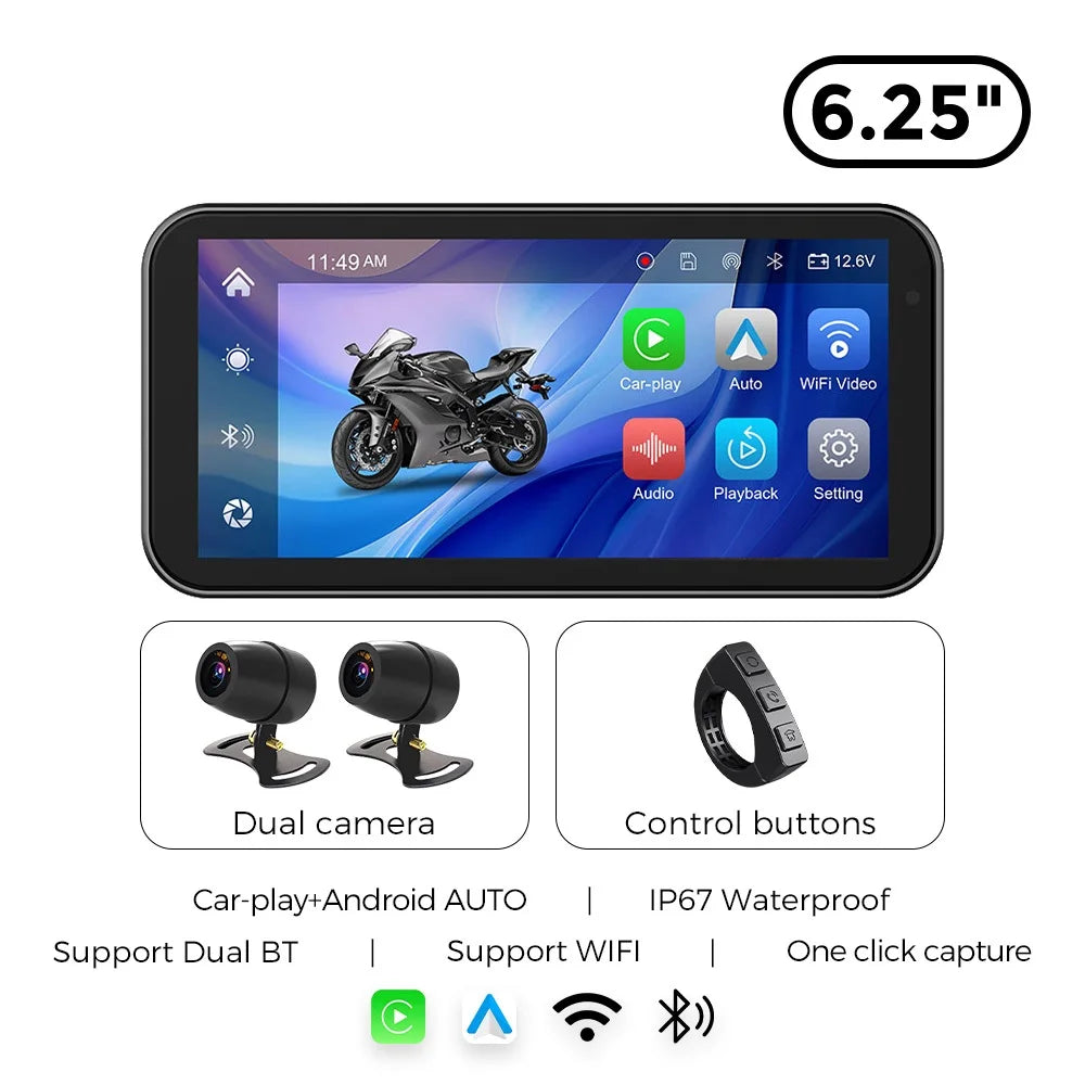 Portable 6.25 Inch IP67 Waterproof Motorcycle GPS Navigation Support Wireless Carplay Android Auto DVR Drive Recorder Moto TPMS
