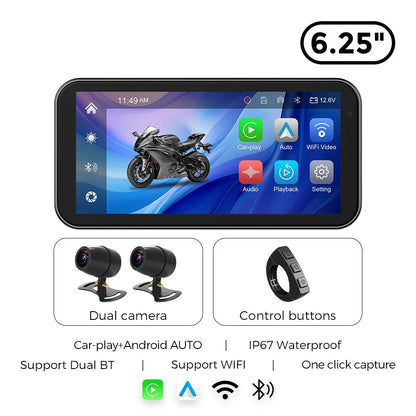 Portable 6.25 Inch IP67 Waterproof Motorcycle GPS Navigation Support Wireless Carplay Android Auto DVR Drive Recorder Moto TPMS