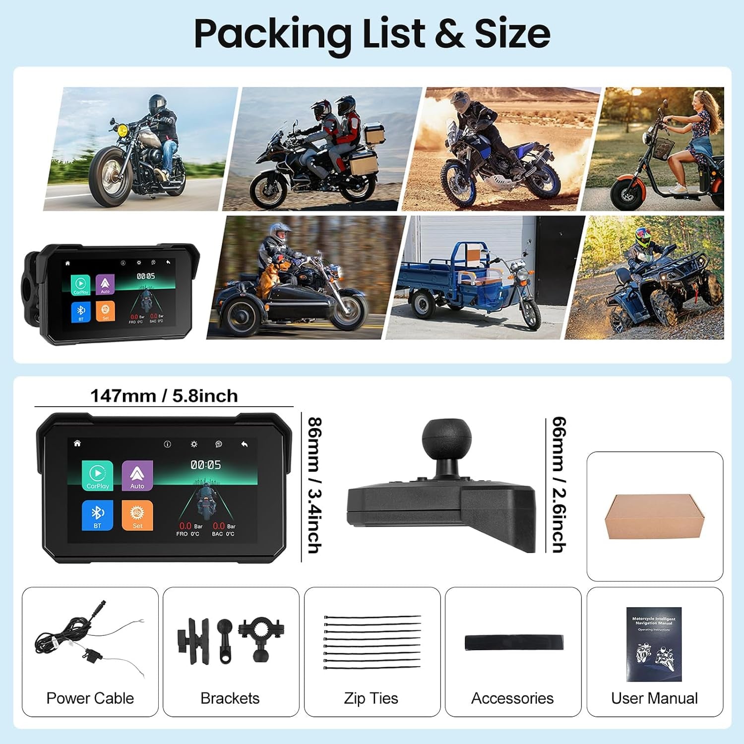 Motorcycle Carplay Screen with Wireless Apple Carplay Android Auto, IP68 Waterproof Touch Screen 5 Inch GPS Navigation Carplay Para Moto, Dual Bluetooth, Siri Google Voice Control