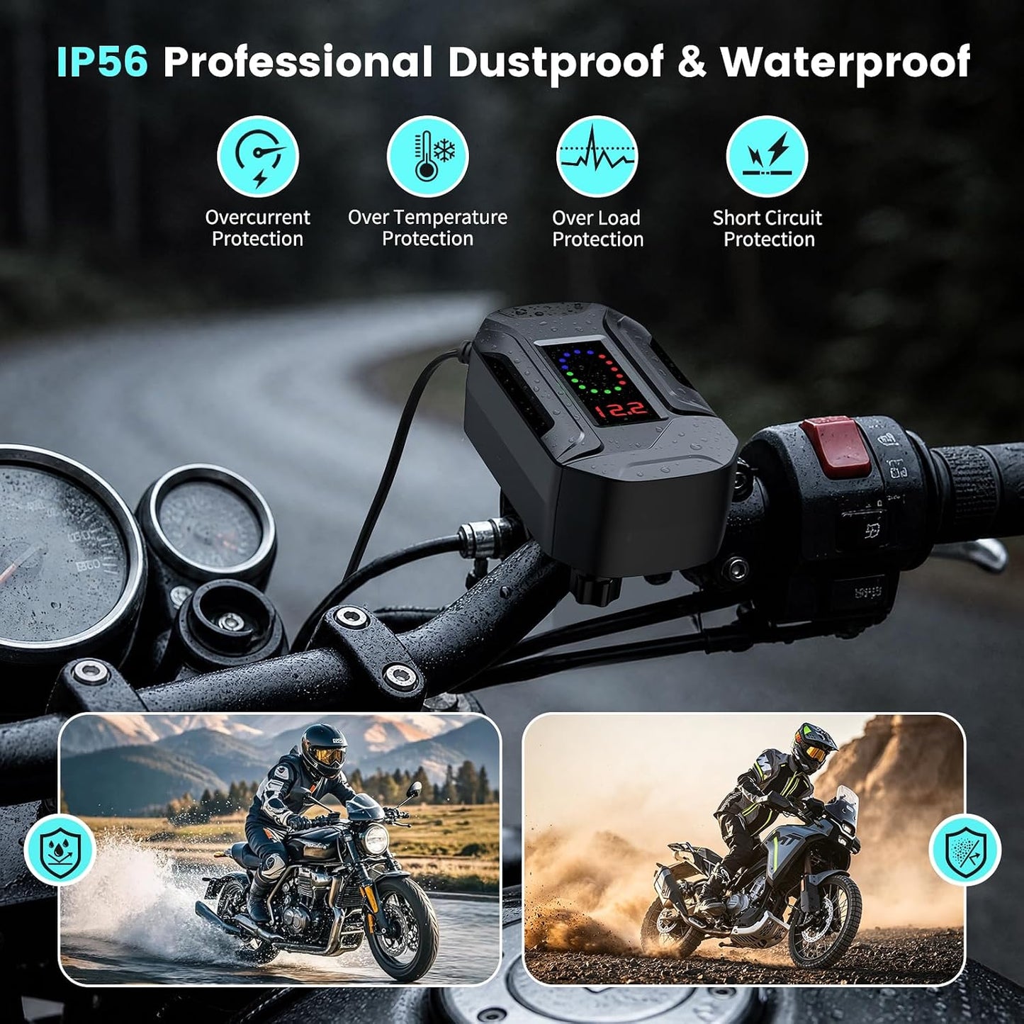 Motorcycle Phone Charger, 3 in 1 Motorcycle USB Charger Fast Charging Port with USB-C & USB-A,12–24V Waterproof LED Voltmeter, Motorcycle Accessories Adapter for GPS Motorbike ATV