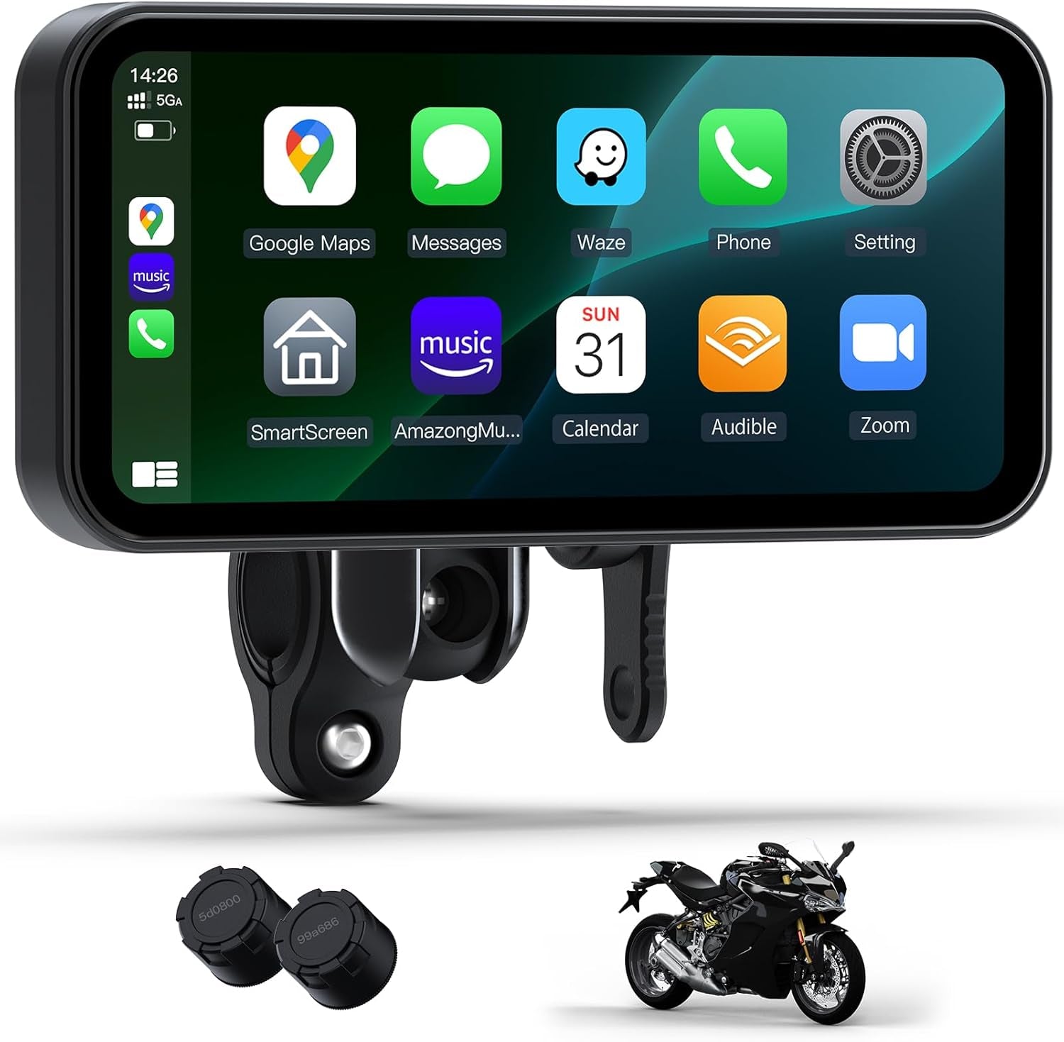 6.25 Inch Motorcycle Carplay & Android Auto Display with Two TPMS– IP67 Waterproof Portable Touchscreen with Dual Bluetooth, TF Card, GPS Navigation, Universal Mount