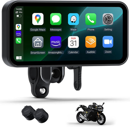 6.25 Inch Motorcycle Carplay & Android Auto Display with Two TPMS– IP67 Waterproof Portable Touchscreen with Dual Bluetooth, TF Card, GPS Navigation, Universal Mount