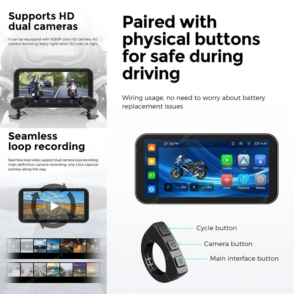 Portable 6.25 Inch IP67 Waterproof Motorcycle GPS Navigation Support Wireless Carplay Android Auto DVR Drive Recorder Moto TPMS