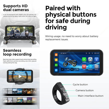 Portable 6.25 Inch IP67 Waterproof Motorcycle GPS Navigation Support Wireless Carplay Android Auto DVR Drive Recorder Moto TPMS
