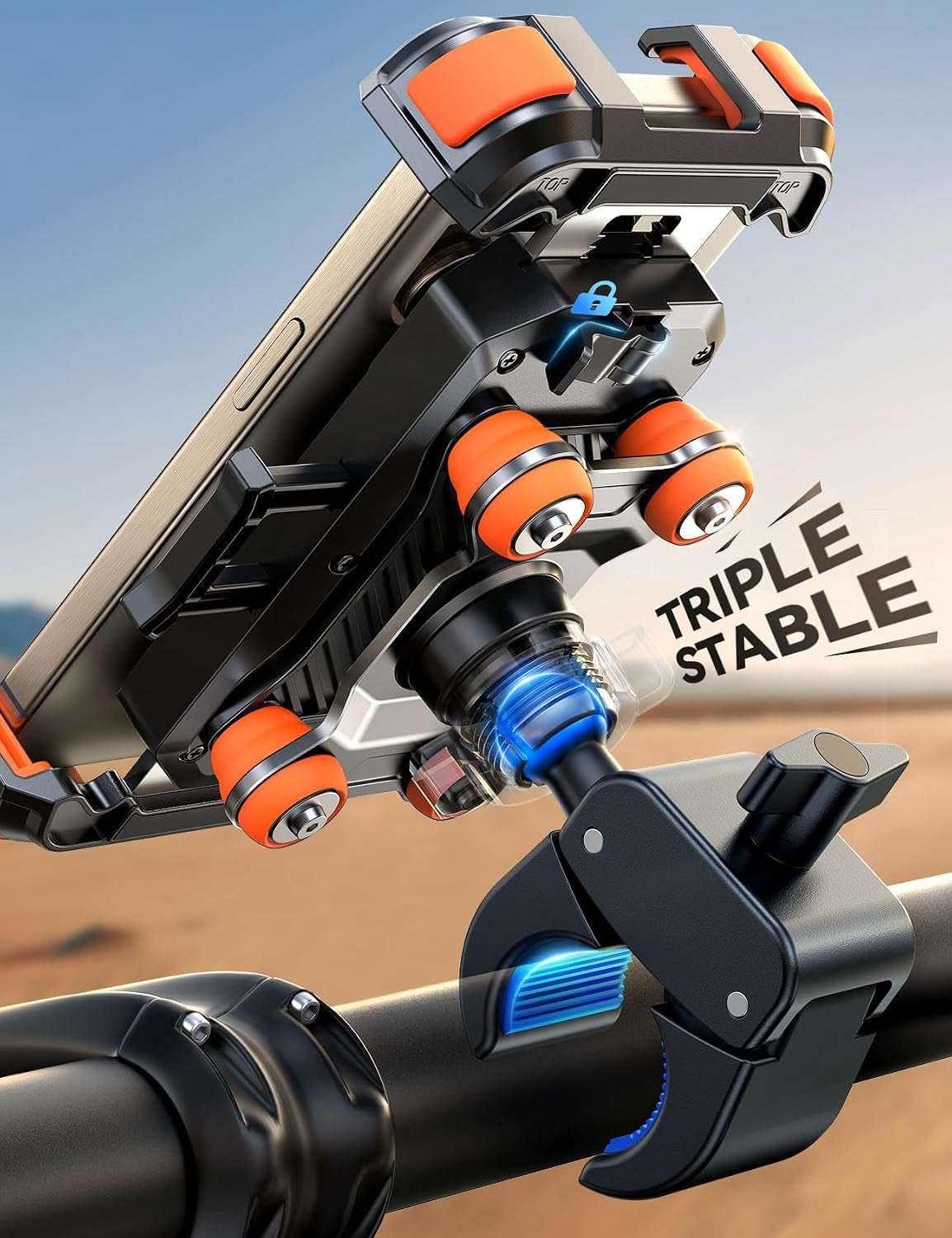 Motorcycle Phone Mount Holder - [Dual Vibration Dampener] 150Mph Anti-Shock Phone Holder for Motorcycle [Upgrade Metal Handlebar Clamp] - Bike Phone Holder Mount for 4.7-7" Phones Orange