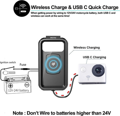 Waterproof IP67 Motorcycle Phone Mount Wireless/Usb C Charger Handlebar Cellphone Holder Quick Charge for 5.5"-6.8" Phones, Work by Wiring to 12/24V Motorcycles or Plugging to USB a Sockets