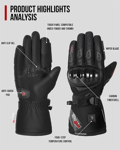 Heated Motorcycle Gloves, Fingertip Heating, Waterproof, Touchscreen, 3000 Mah Battery, Car USB Power Supply