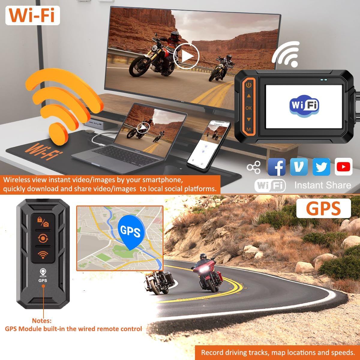 Motorcycle Dash Cam, 3'' LCD Waterproof Motorcycle Front and Rear 1080P Camera Wide Angle 155° with Wi-Fi, GPS, Wired Control, G-Sensor, Max up to 256GB