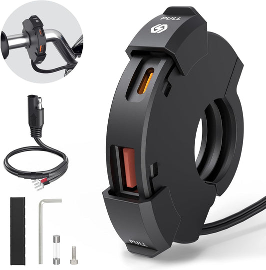 Motorcycle USB Charger, Dual Motorcycle Handlebar Socket, USB QC3.0 Type-C 30W PD Fast Car Charger Power Adapter Charger Voltmeter for Phones/Tablets/Gps