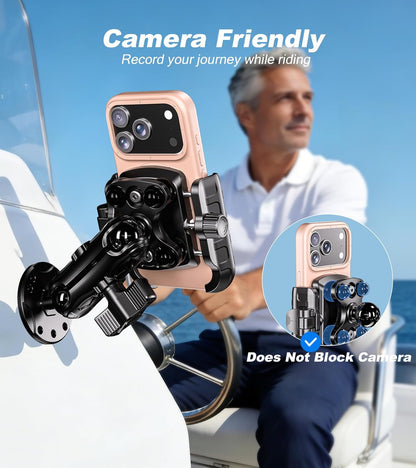 anti Vibration Phone Mount Holder, 1S Lock & Release | Camera Friendly Phone Holder with Shock Dampener, Aluminum AMPS round Base for Car UTV Truck Boat, Fits 5.4"-7.2" Phones