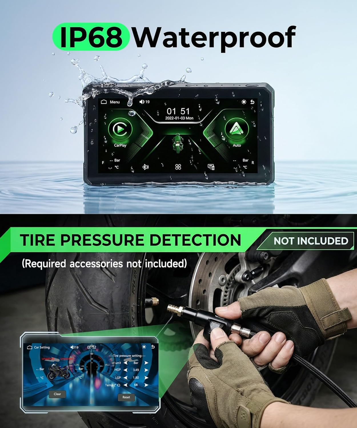 6" Motorcycle Wirelsss Carplay Screen, Portable Touchscreen Motorcycle GPS Navigation System Car Play Moto Android Auto, Dual Bluetooth, IP68 Waterproof Moto Screen, Goo-Gle Assistant, Si-Ri