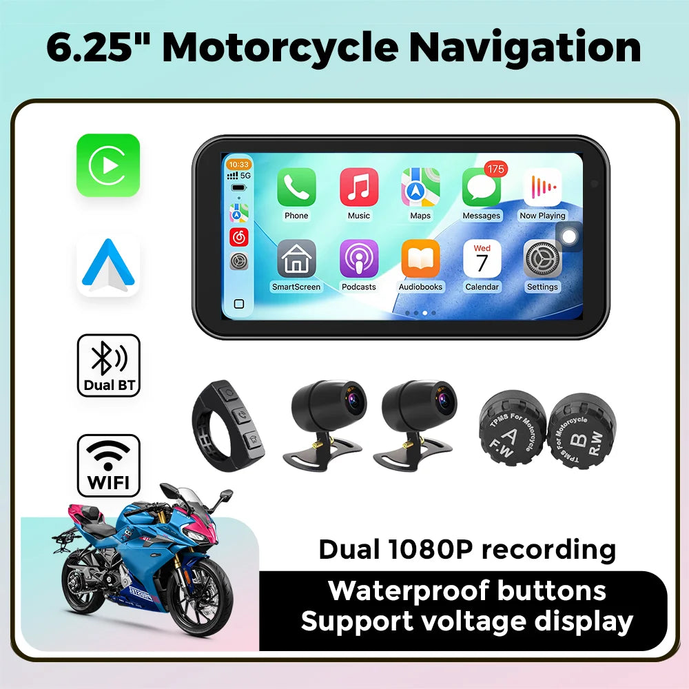 Portable 6.25 Inch IP67 Waterproof Motorcycle GPS Navigation Support Wireless Carplay Android Auto DVR Drive Recorder Moto TPMS