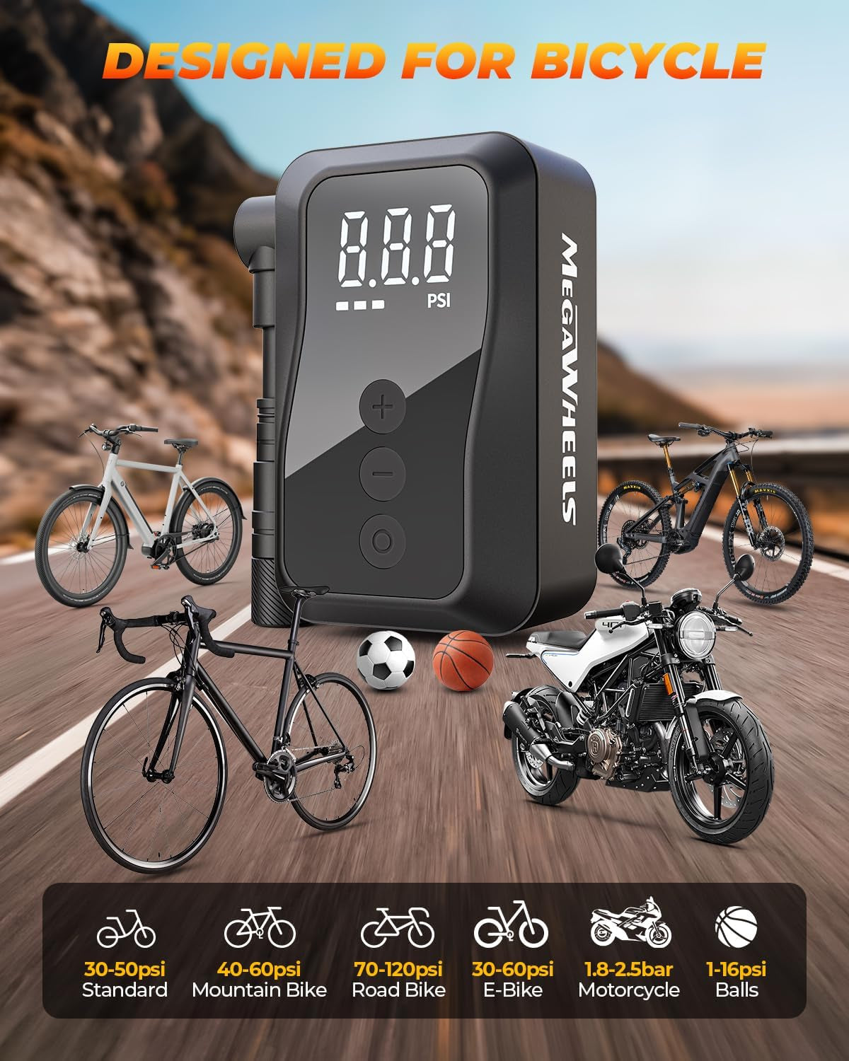 Mini Bike Pump, Portable Bike Pump with Presta and Schrader Valve, 150/120PSI Bicycle Pump with Gauge, Auto Stop, Fast Inflation for City Bike, Road Bike, Mountain Bike