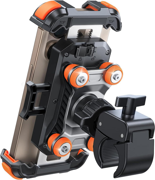Motorcycle Phone Mount Holder - [Dual Vibration Dampener] 150Mph Anti-Shock Phone Holder for Motorcycle [Upgrade Metal Handlebar Clamp] - Bike Phone Holder Mount for 4.7-7" Phones Orange