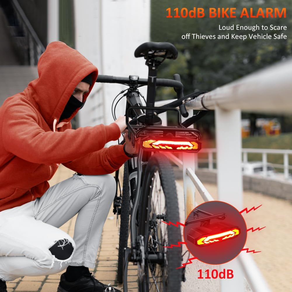 Smart Bike Tail Light with Turn Signals, Rechargeable Bicycle Horn Bike Alarm with Remote, Auto-Sensing Bike Turn Signals Light Alarm