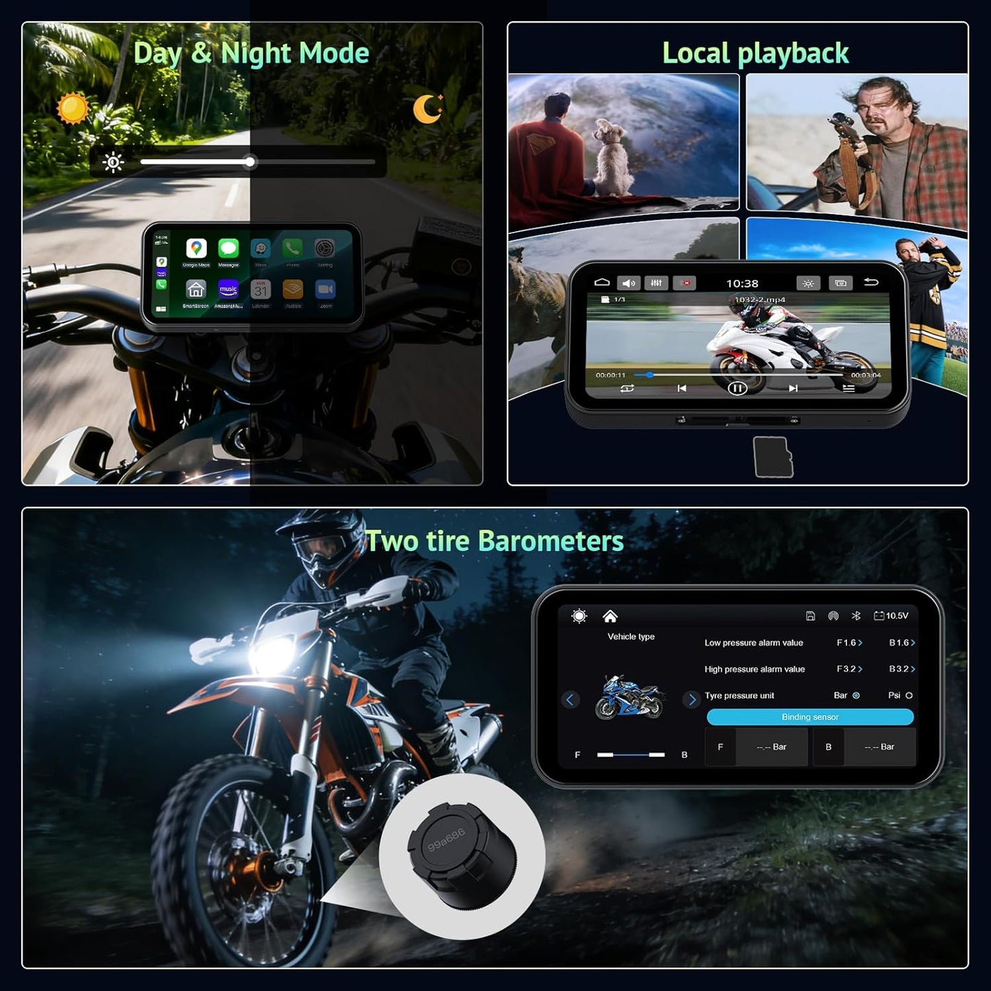 6.25 Inch Motorcycle Carplay & Android Auto Display with Two TPMS– IP67 Waterproof Portable Touchscreen with Dual Bluetooth, TF Card, GPS Navigation, Universal Mount