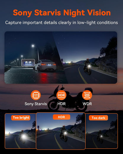 F1 Motorcycle 4K Dash Cam Front and Rear, 4K + 1080P Motorcycle Camera, Full Body IP67 Waterproof, GPS Wi-Fi, 160° Wide Angle, Wired Remote, Night Vision, G-Sensor, Parking Mode, Support 512GB