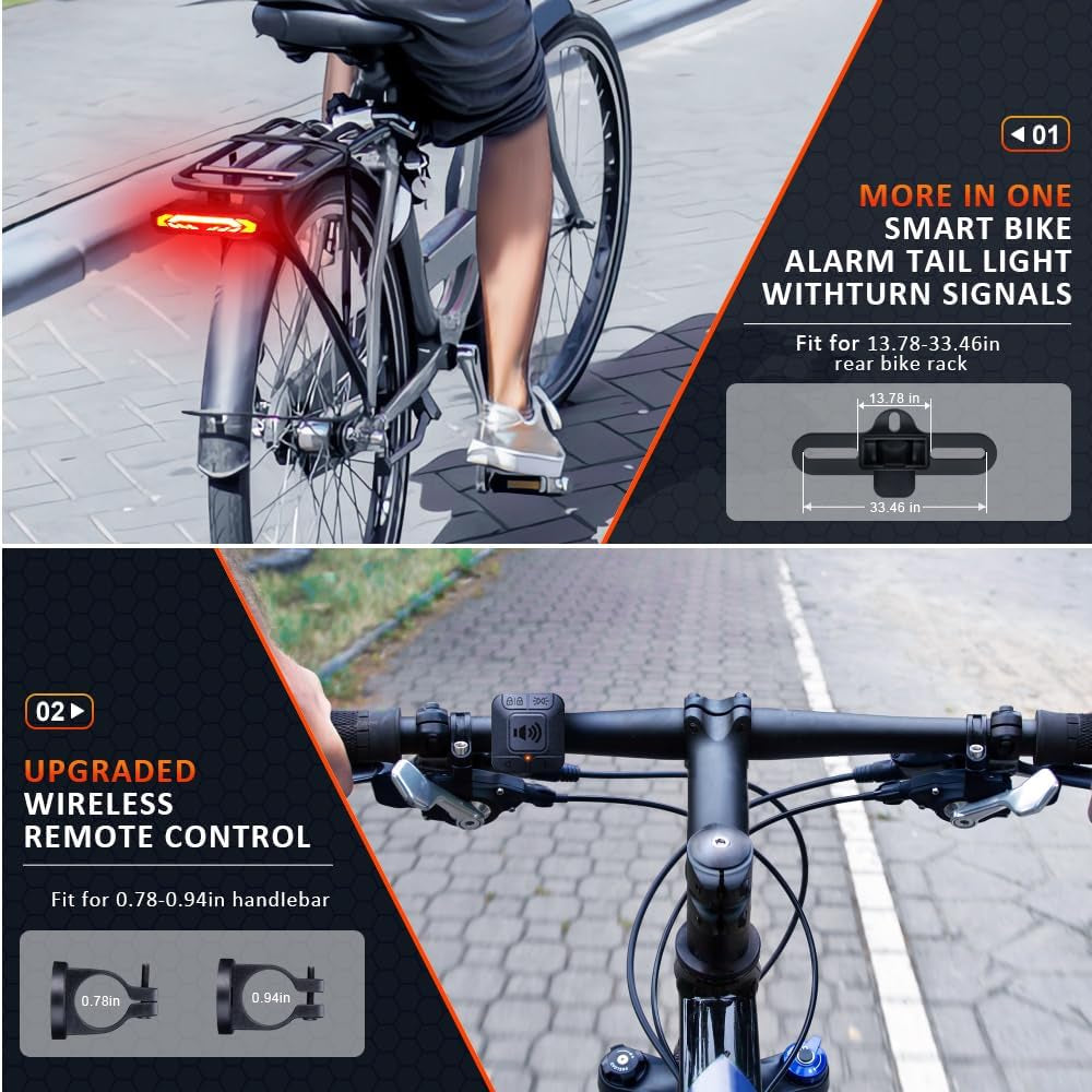 Smart Bike Tail Light with Turn Signals, Rechargeable Bicycle Horn Bike Alarm with Remote, Auto-Sensing Bike Turn Signals Light Alarm