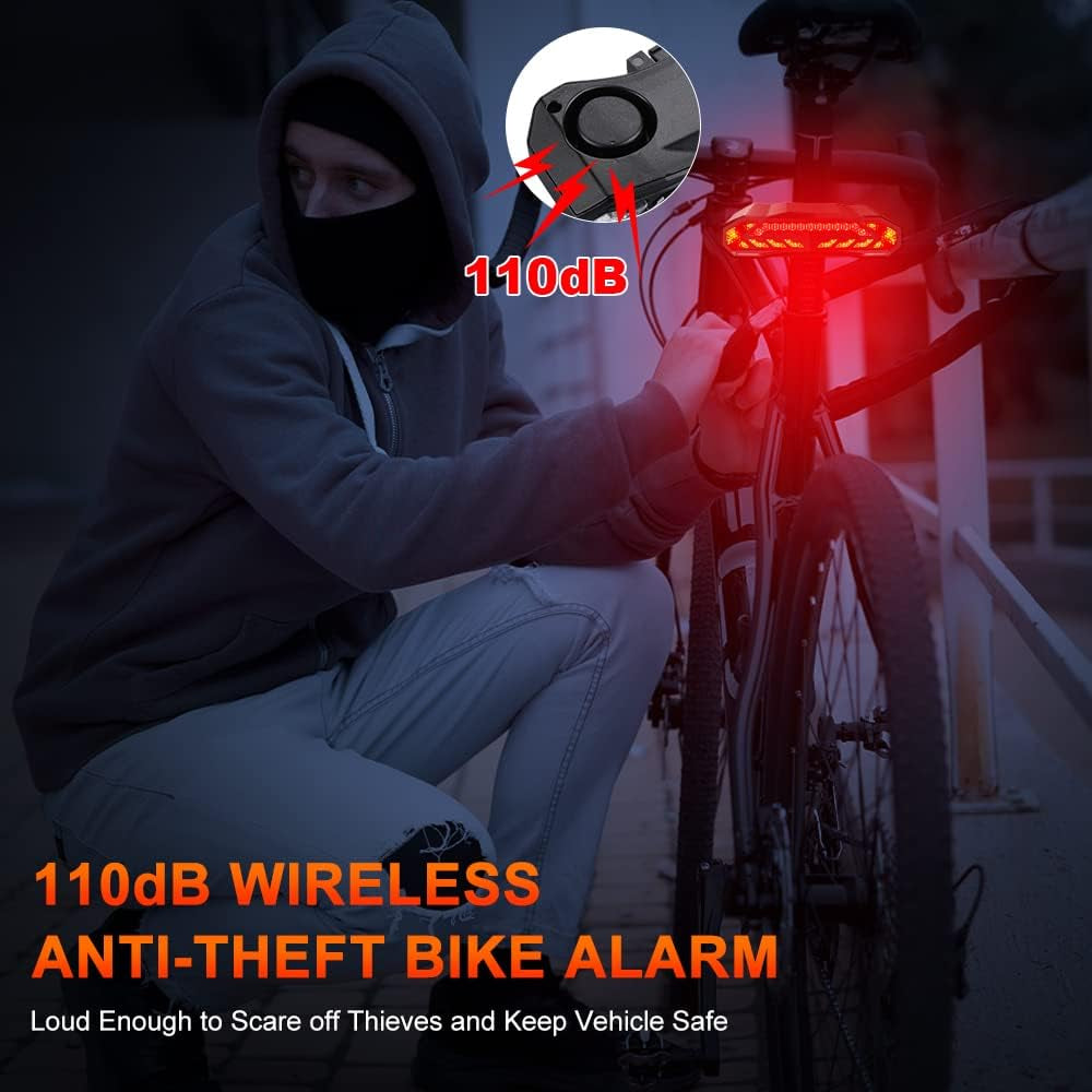 2 Pack Smart Bike Tail Light with Turn Signals, Bike Alarm with Wireless Control Remote, USB Rechargeable Rear Bike Light, IP65 Waterproof Auto On/Off Bicycle Lights for Night Riding