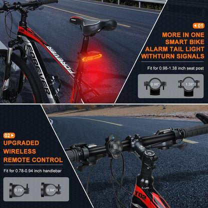 2 Pack Smart Bike Tail Light with Turn Signals, Bike Alarm with Wireless Control Remote, USB Rechargeable Rear Bike Light, IP65 Waterproof Auto On/Off Bicycle Lights for Night Riding