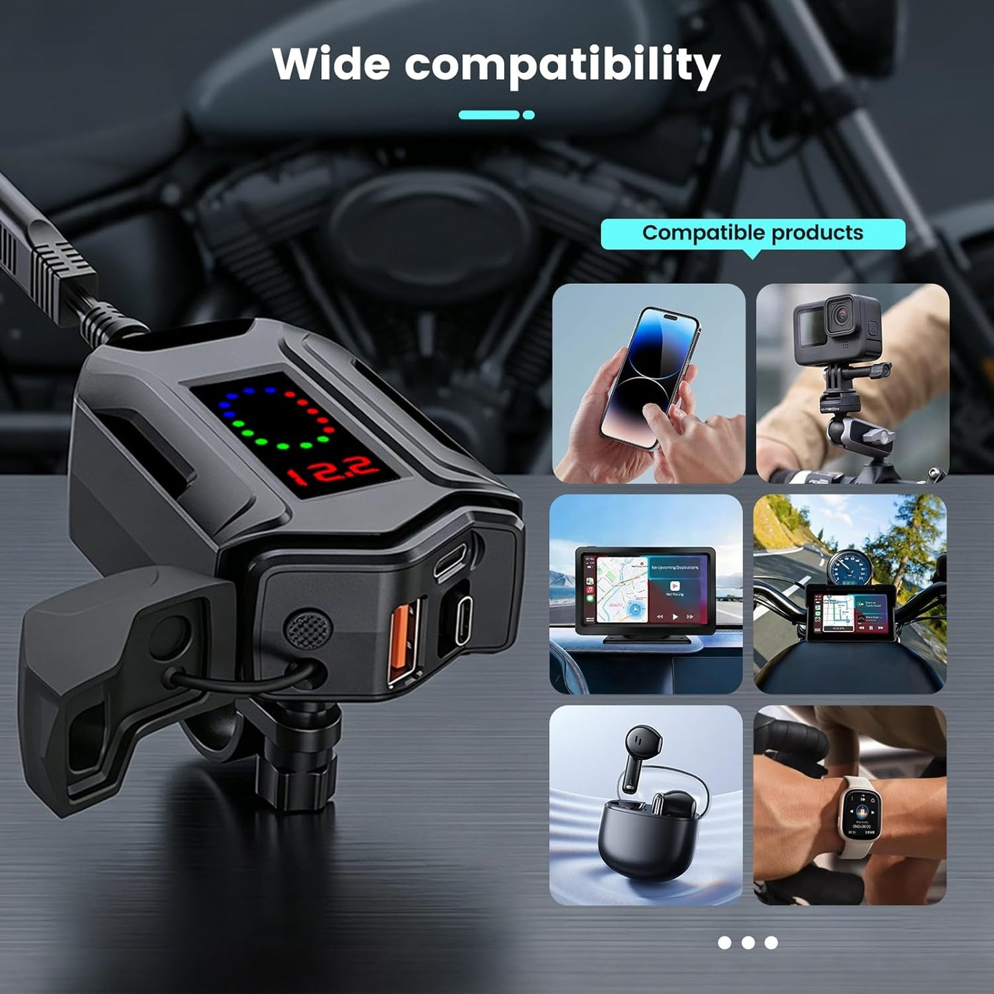 Motorcycle Phone Charger, 3 in 1 Motorcycle USB Charger Fast Charging Port with USB-C & USB-A,12–24V Waterproof LED Voltmeter, Motorcycle Accessories Adapter for GPS Motorbike ATV