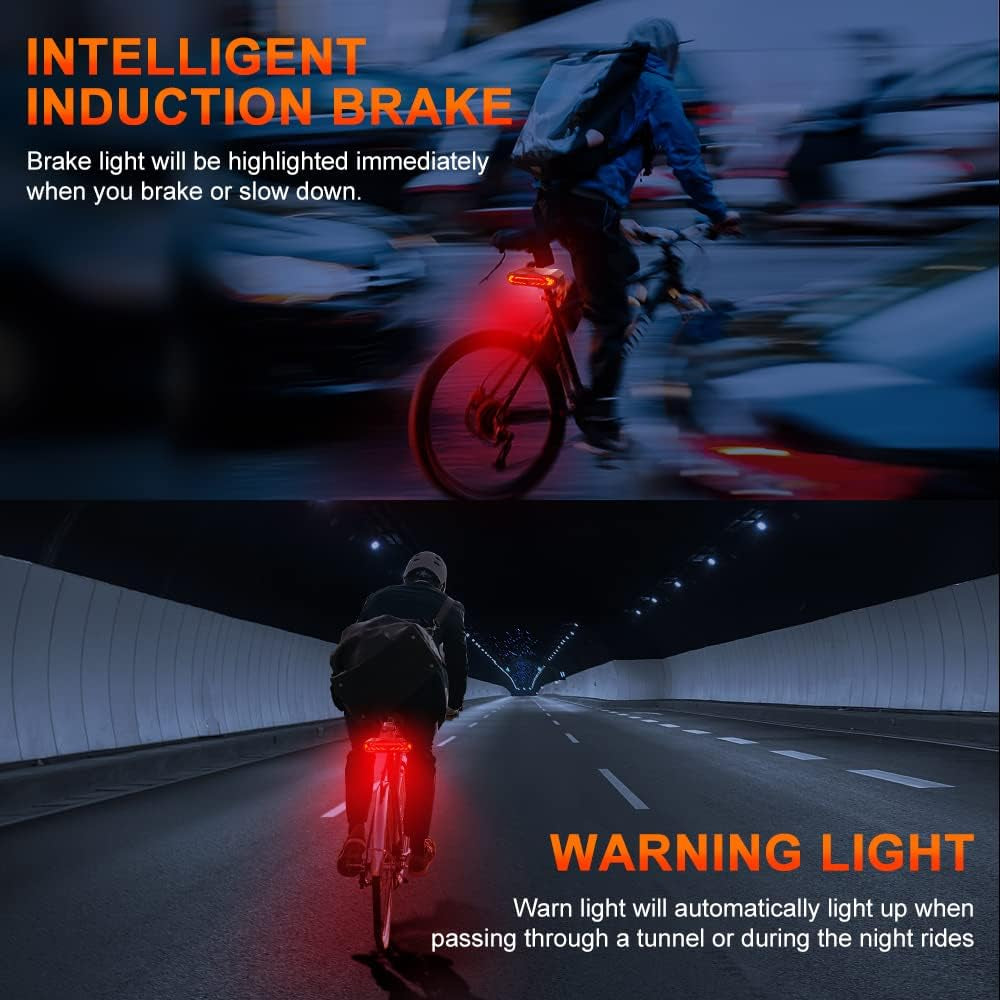 2 Pack Smart Bike Tail Light with Turn Signals, Bike Alarm with Wireless Control Remote, USB Rechargeable Rear Bike Light, IP65 Waterproof Auto On/Off Bicycle Lights for Night Riding