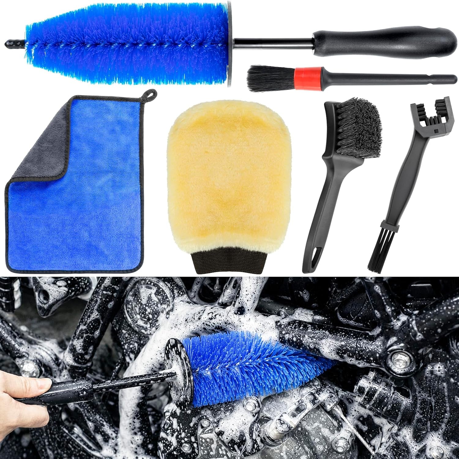 Motorcycle Cleaning Kit 6 Pack with Easy Reach Brush,Tire Brush,Wool Wash Mitt,Chain Brush,Detailing Brush and Microfiber Towel for Cleaning Motorcycle Mudguard,Rims,Exhaust,Frame