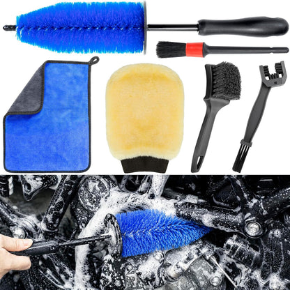 Motorcycle Cleaning Kit 6 Pack with Easy Reach Brush,Tire Brush,Wool Wash Mitt,Chain Brush,Detailing Brush and Microfiber Towel for Cleaning Motorcycle Mudguard,Rims,Exhaust,Frame