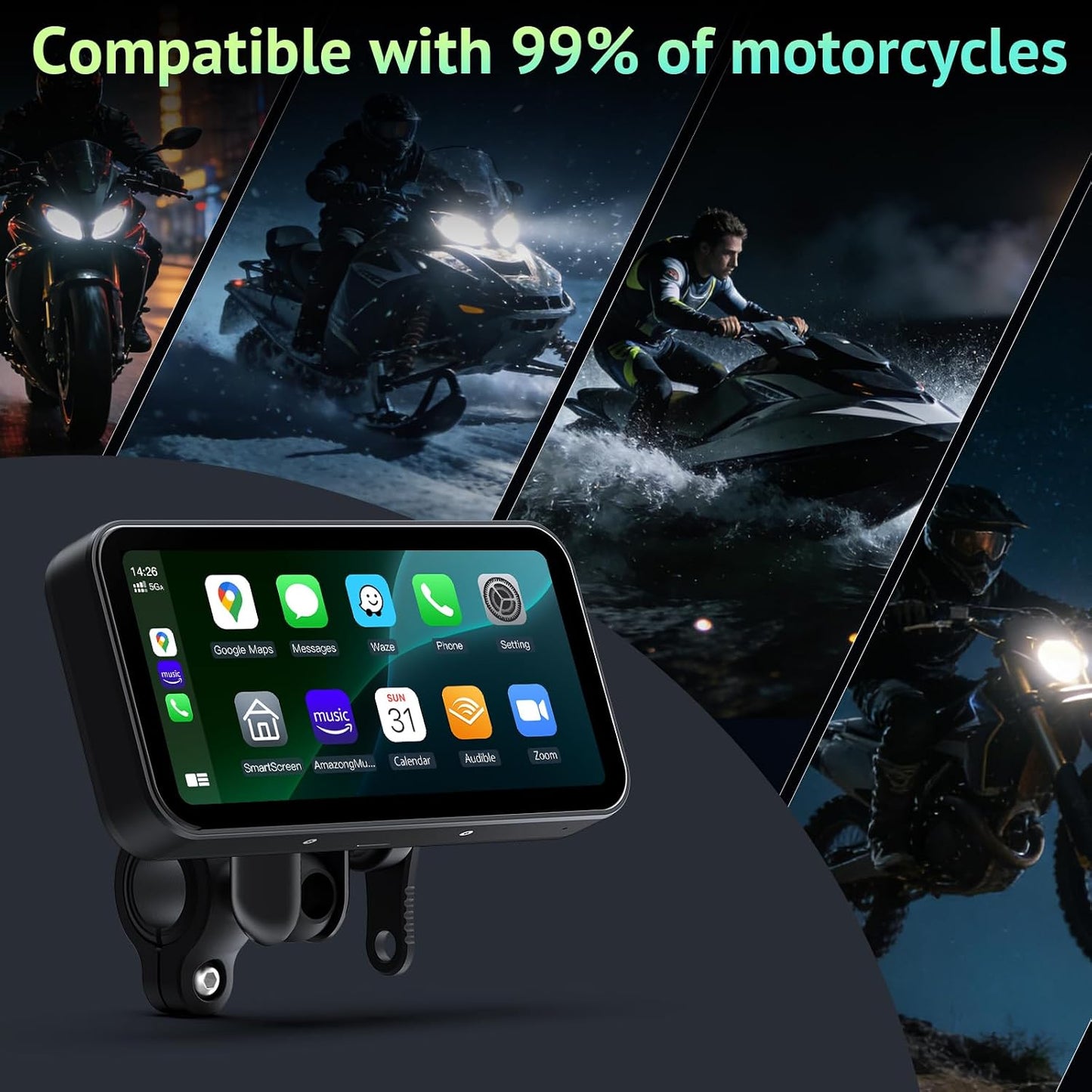 6.25 Inch Motorcycle Carplay & Android Auto Display with Two TPMS– IP67 Waterproof Portable Touchscreen with Dual Bluetooth, TF Card, GPS Navigation, Universal Mount