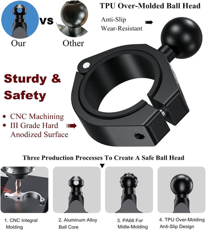 2PCS, Aluminum Alloy Large Bar Clamp Mount with 1'' TPU Ball | Fit 1.5'' / 1.65'' / 1.75'' / 1.85'' / 2'' round Rails & ATV UTV Roll Cages, for RAM Mounts B Size 1'' Ball Double Socket Arm