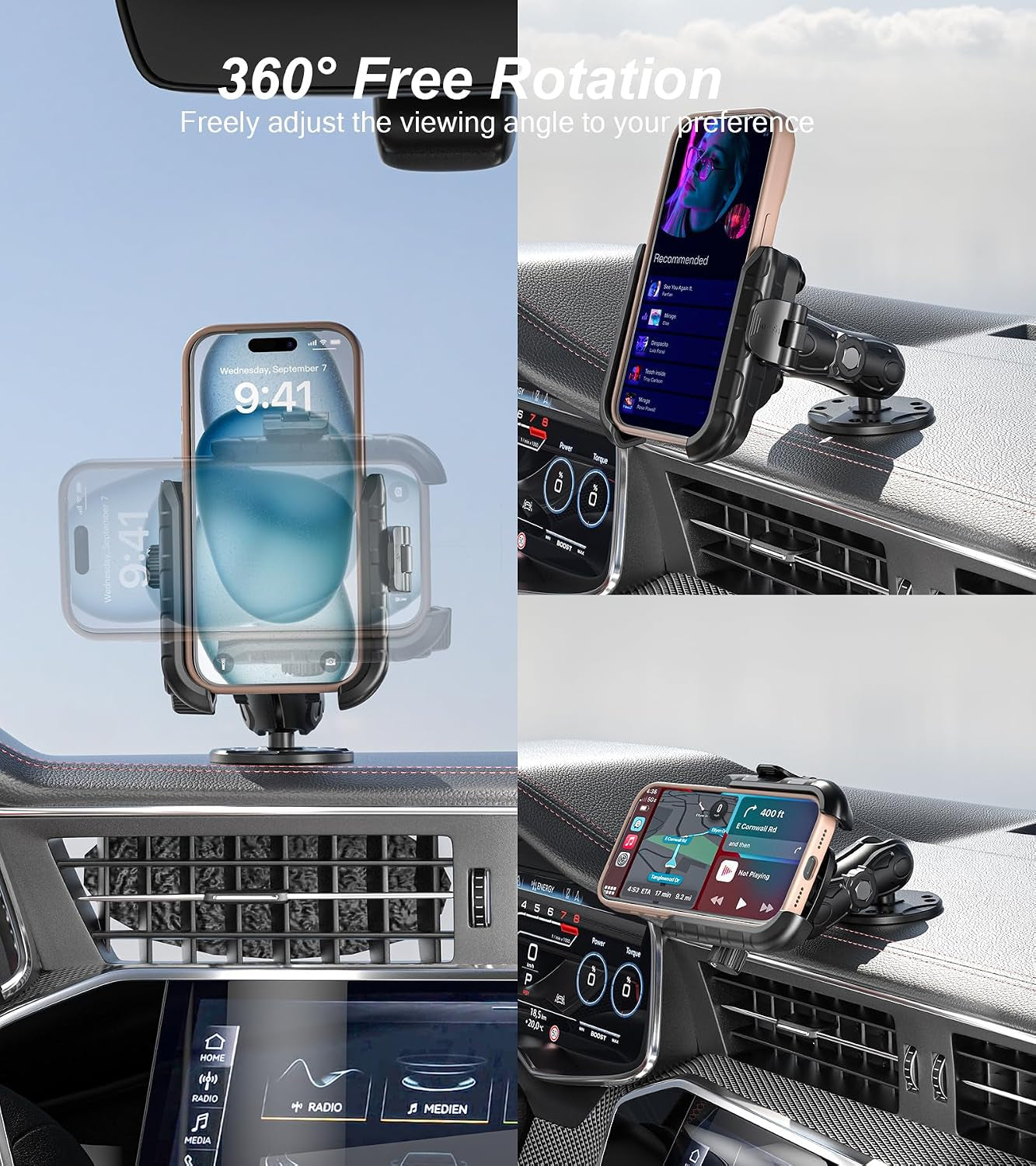 anti Vibration Phone Mount Holder, 1S Lock & Release | Camera Friendly Phone Holder with Shock Dampener, Aluminum AMPS round Base for Car UTV Truck Boat, Fits 5.4"-7.2" Phones
