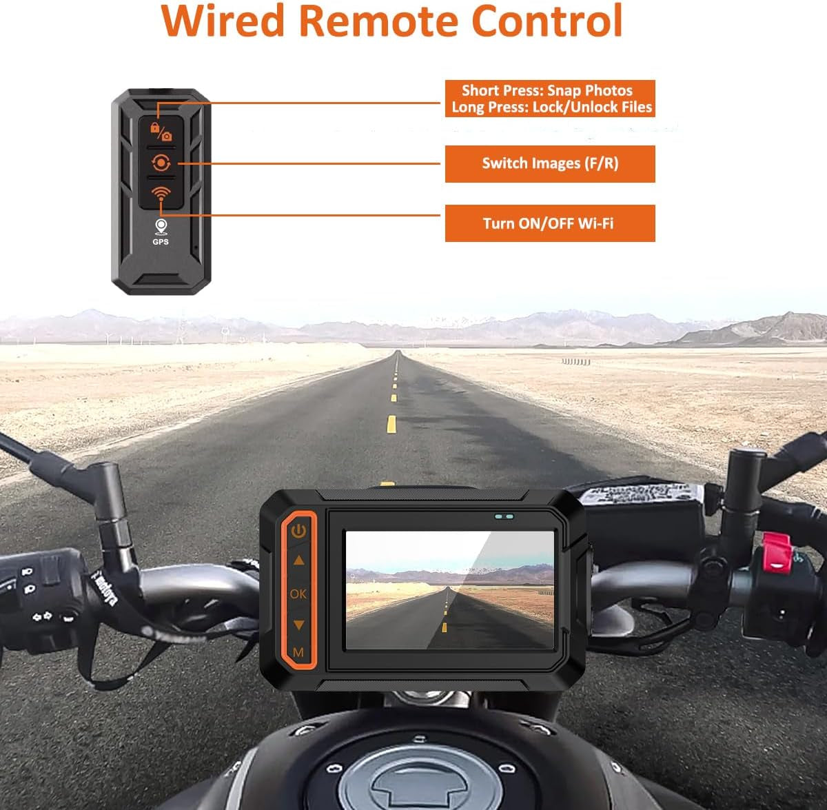 Motorcycle Dash Cam, 3'' LCD Waterproof Motorcycle Front and Rear 1080P Camera Wide Angle 155° with Wi-Fi, GPS, Wired Control, G-Sensor, Max up to 256GB