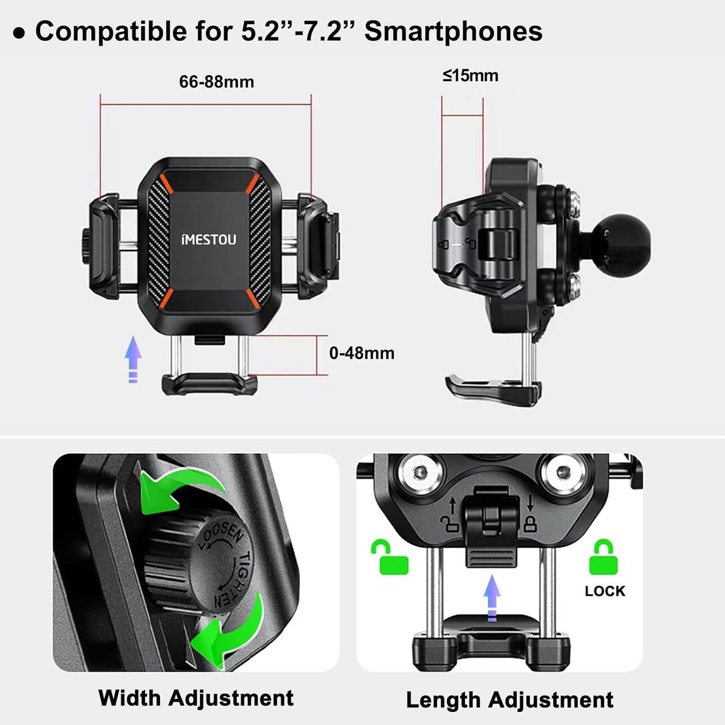 Anti-Vibration Motorcycle Phone Mount, 1" Ball Phone Mount Suitable for 5.2"-7.2" up to 15Mm Thick Phones, Fits for RAM B Size/Imesotu/Other 1" Double Socker Arms