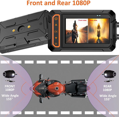 Motorcycle Dash Cam, 3'' LCD Waterproof Motorcycle Front and Rear 1080P Camera Wide Angle 155° with Wi-Fi, GPS, Wired Control, G-Sensor, Max up to 256GB
