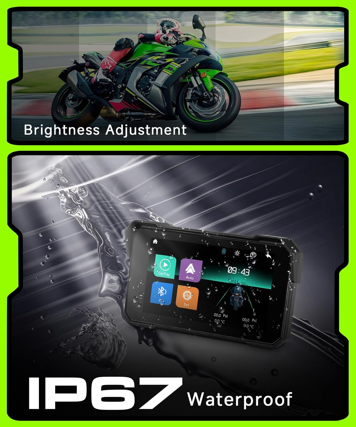 Motorcycle Carplay Screen 5 Inch Portable Wireless Carplay Android Auto for Motorbike Waterproof Touchscreen, Supports GPS Navigation, Bluetooth, IP68 Waterproof for Motorbike