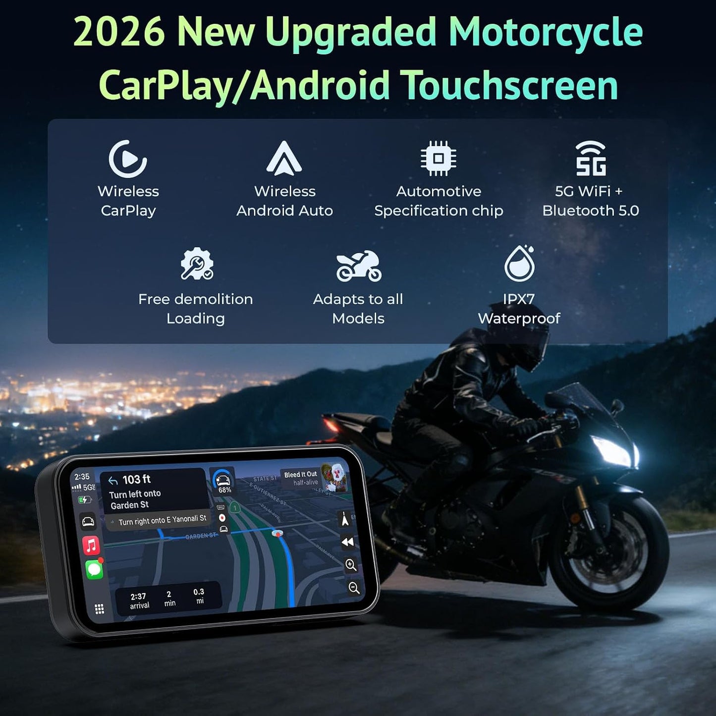 6.25 Inch Motorcycle Carplay & Android Auto Display with Two TPMS– IP67 Waterproof Portable Touchscreen with Dual Bluetooth, TF Card, GPS Navigation, Universal Mount