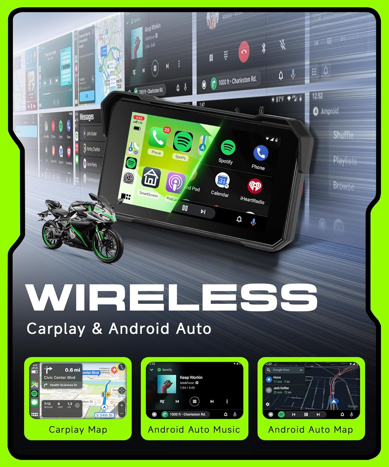 Motorcycle Carplay Screen 5 Inch Portable Wireless Carplay Android Auto for Motorbike Waterproof Touchscreen, Supports GPS Navigation, Bluetooth, IP68 Waterproof for Motorbike