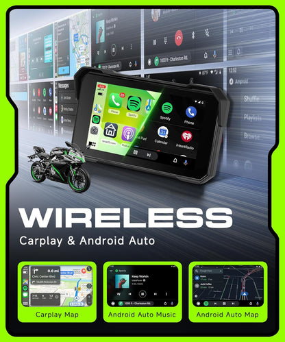Motorcycle Carplay Screen 5 Inch Portable Wireless Carplay Android Auto for Motorbike Waterproof Touchscreen, Supports GPS Navigation, Bluetooth, IP68 Waterproof for Motorbike