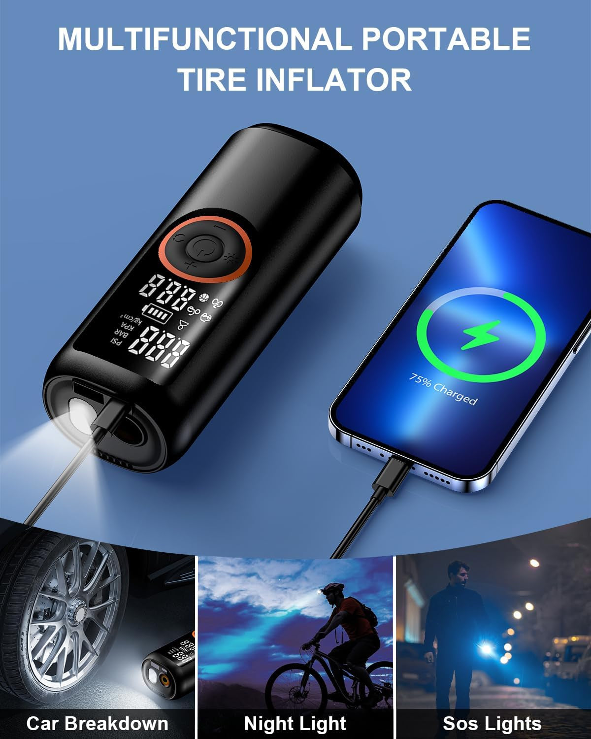 Tire Inflator Portable Air Compressor, Electric Air Pump 4X Super Fast Inflation Air Compressor for Car Tires Gauge Pressure USB C Rechargeable Power Bank Tire Pump with LED for Car Motor Bike Ball