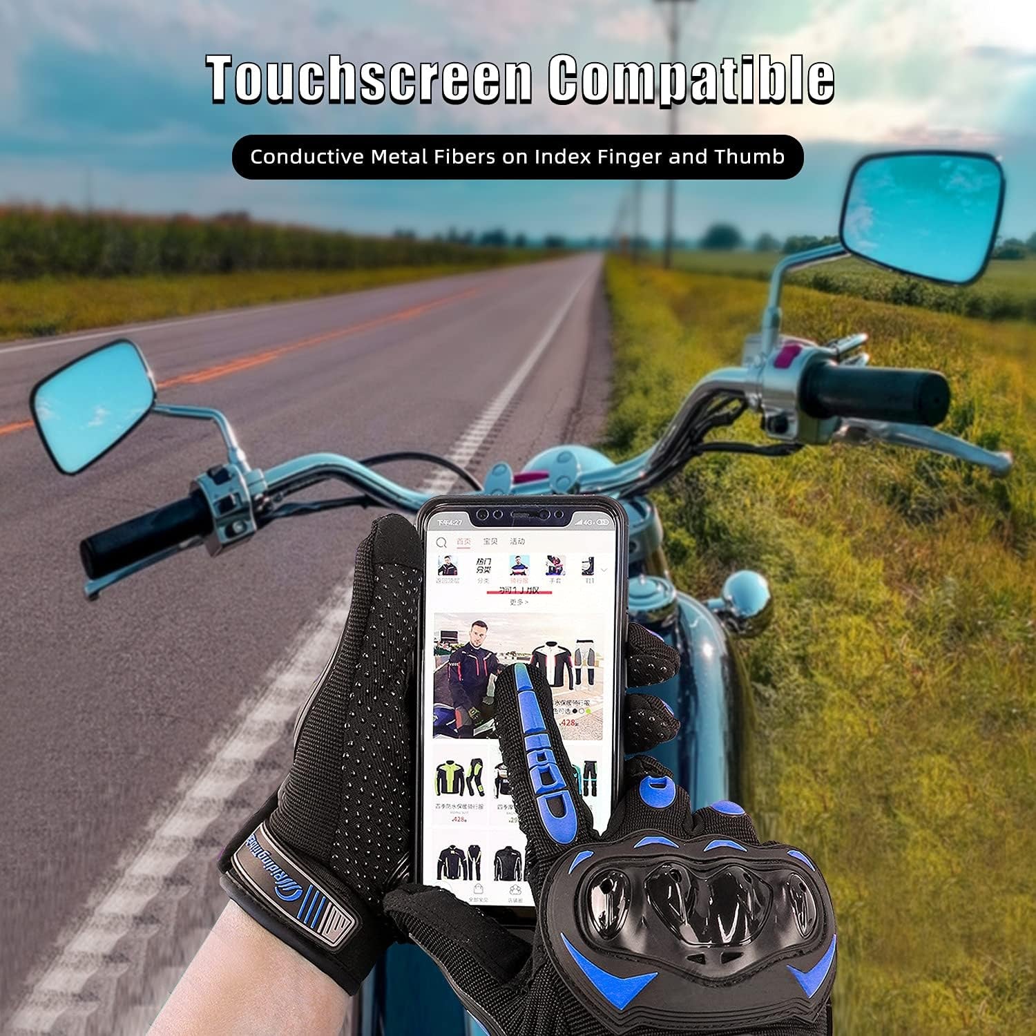 Motorcycle Gloves for Men and Women Touchscreen Guantes Para Motocicleta Hombre for Powersports BMX ATV MTB Motocross Scooter Dirt Bike Riding Gloves Motorcycle Mens Helmets Accessories(L, Blue)