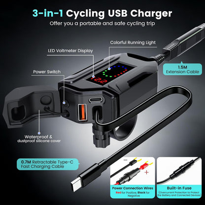 Motorcycle Phone Charger, 3 in 1 Motorcycle USB Charger Fast Charging Port with USB-C & USB-A,12–24V Waterproof LED Voltmeter, Motorcycle Accessories Adapter for GPS Motorbike ATV