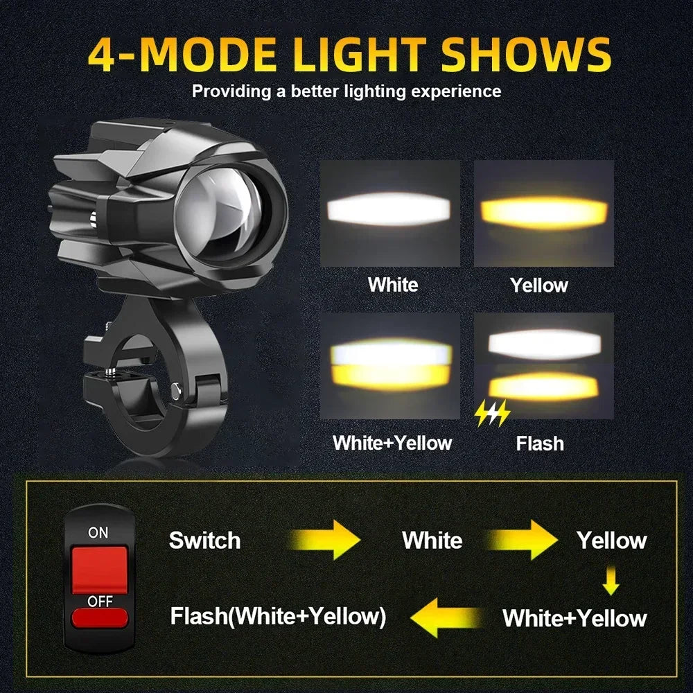 LED Motorcycle Headlight 6000K White Auxiliary 3500K Fog Light Strobe for Motorbike Driving Car Fog Spot Off-Road Use