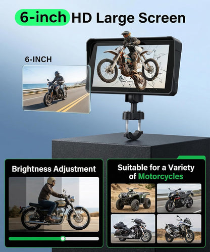 6" Motorcycle Wirelsss Carplay Screen, Portable Touchscreen Motorcycle GPS Navigation System Car Play Moto Android Auto, Dual Bluetooth, IP68 Waterproof Moto Screen, Goo-Gle Assistant, Si-Ri