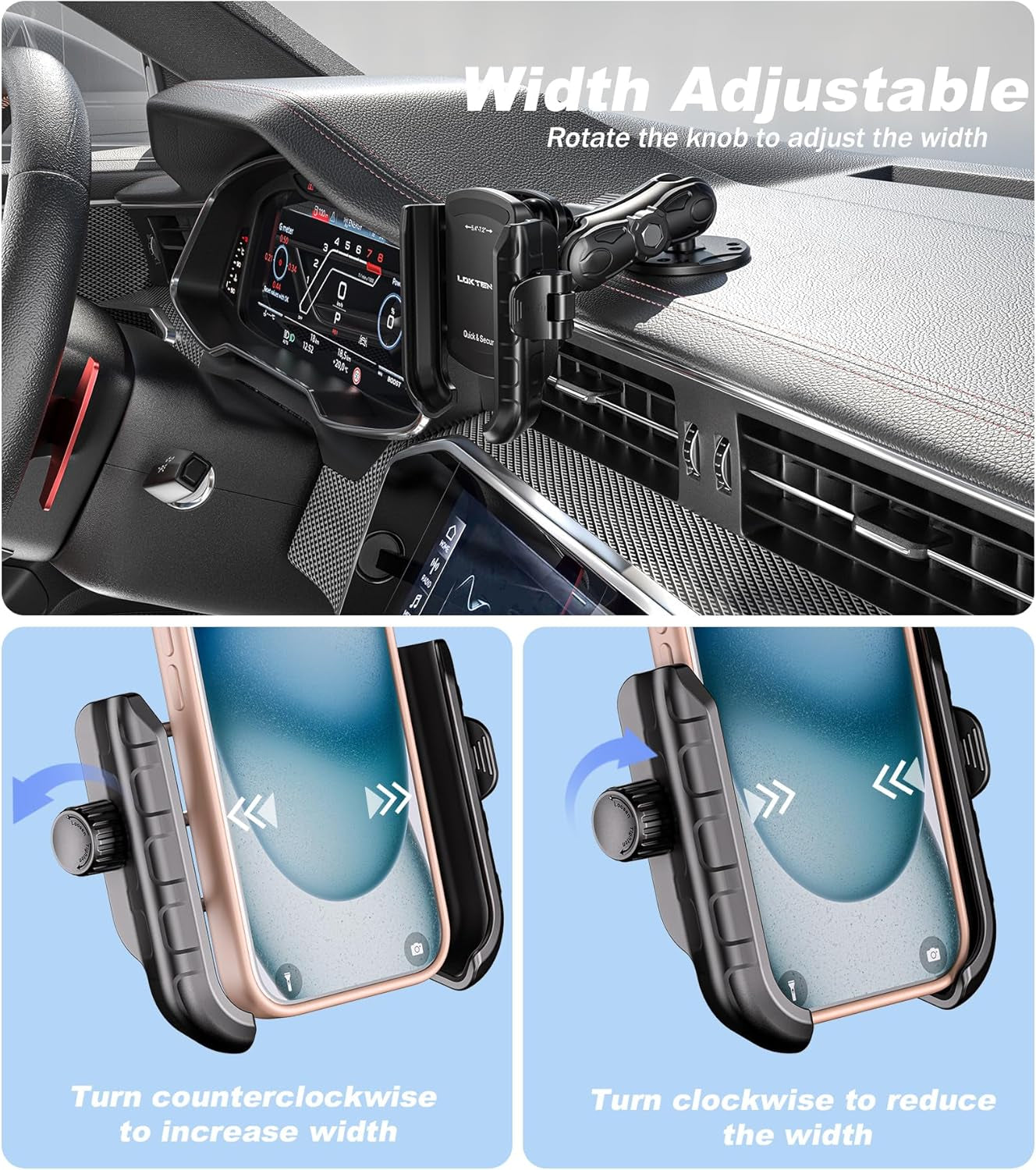 anti Vibration Phone Mount Holder, 1S Lock & Release | Camera Friendly Phone Holder with Shock Dampener, Aluminum AMPS round Base for Car UTV Truck Boat, Fits 5.4"-7.2" Phones