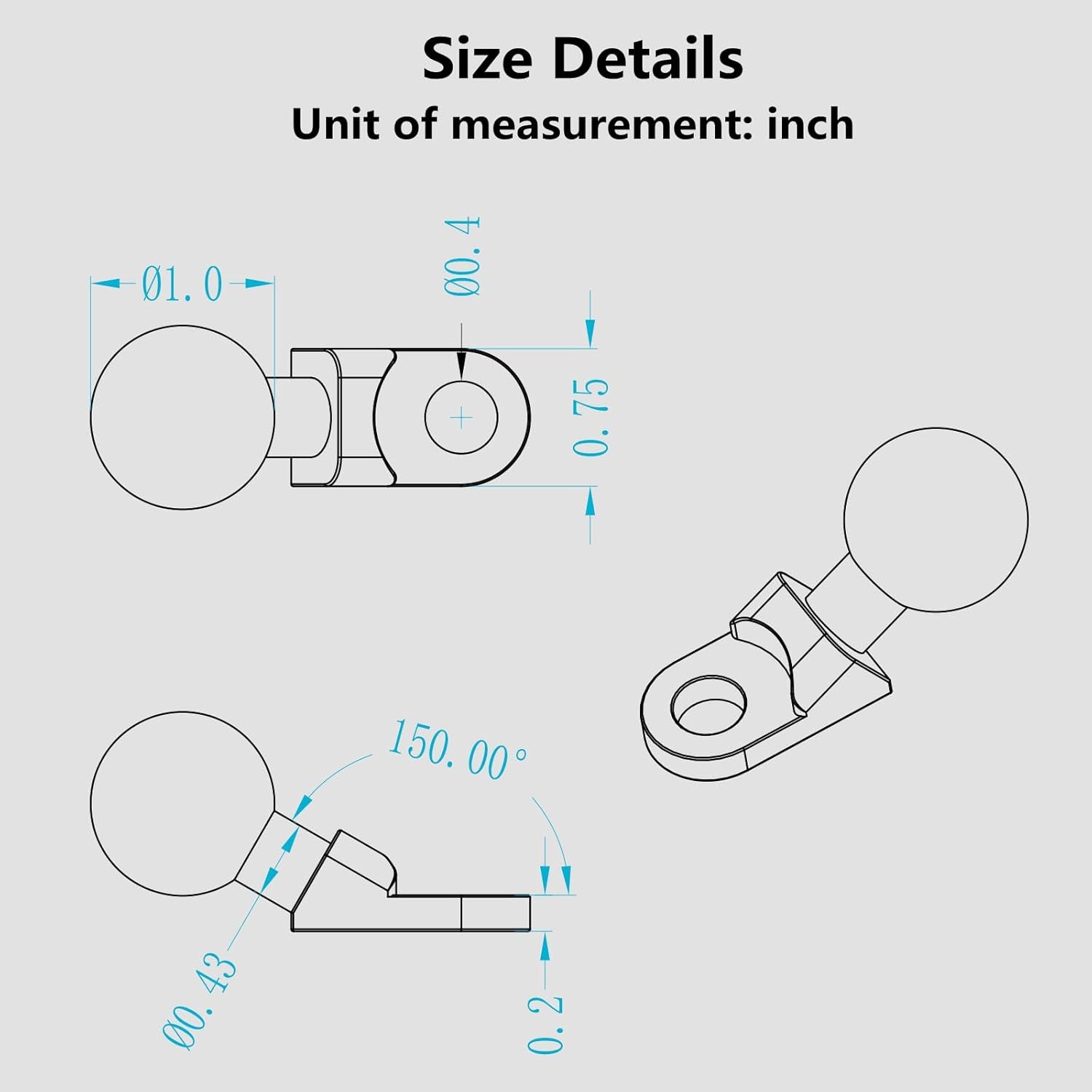 Aluminum Alloy Mount Base with 1'' TPU Ball & 10Mm Mounting Hole | Angled Bolt Head Adapter Ball Base Compatible with RAM Mounts B Size Double Socket Arm