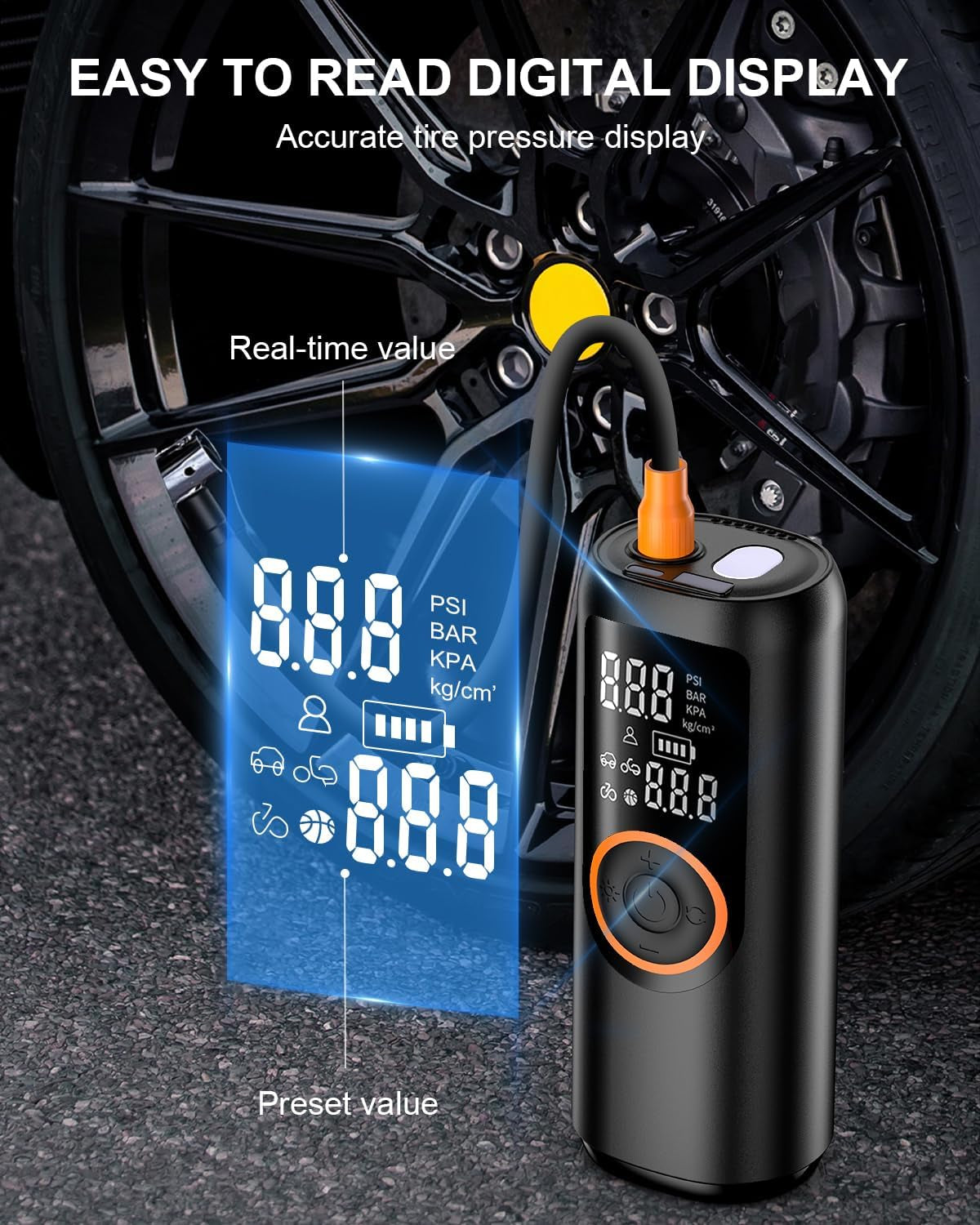 Tire Inflator Portable Air Compressor, Electric Air Pump 4X Super Fast Inflation Air Compressor for Car Tires Gauge Pressure USB C Rechargeable Power Bank Tire Pump with LED for Car Motor Bike Ball