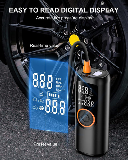 Tire Inflator Portable Air Compressor, Electric Air Pump 4X Super Fast Inflation Air Compressor for Car Tires Gauge Pressure USB C Rechargeable Power Bank Tire Pump with LED for Car Motor Bike Ball