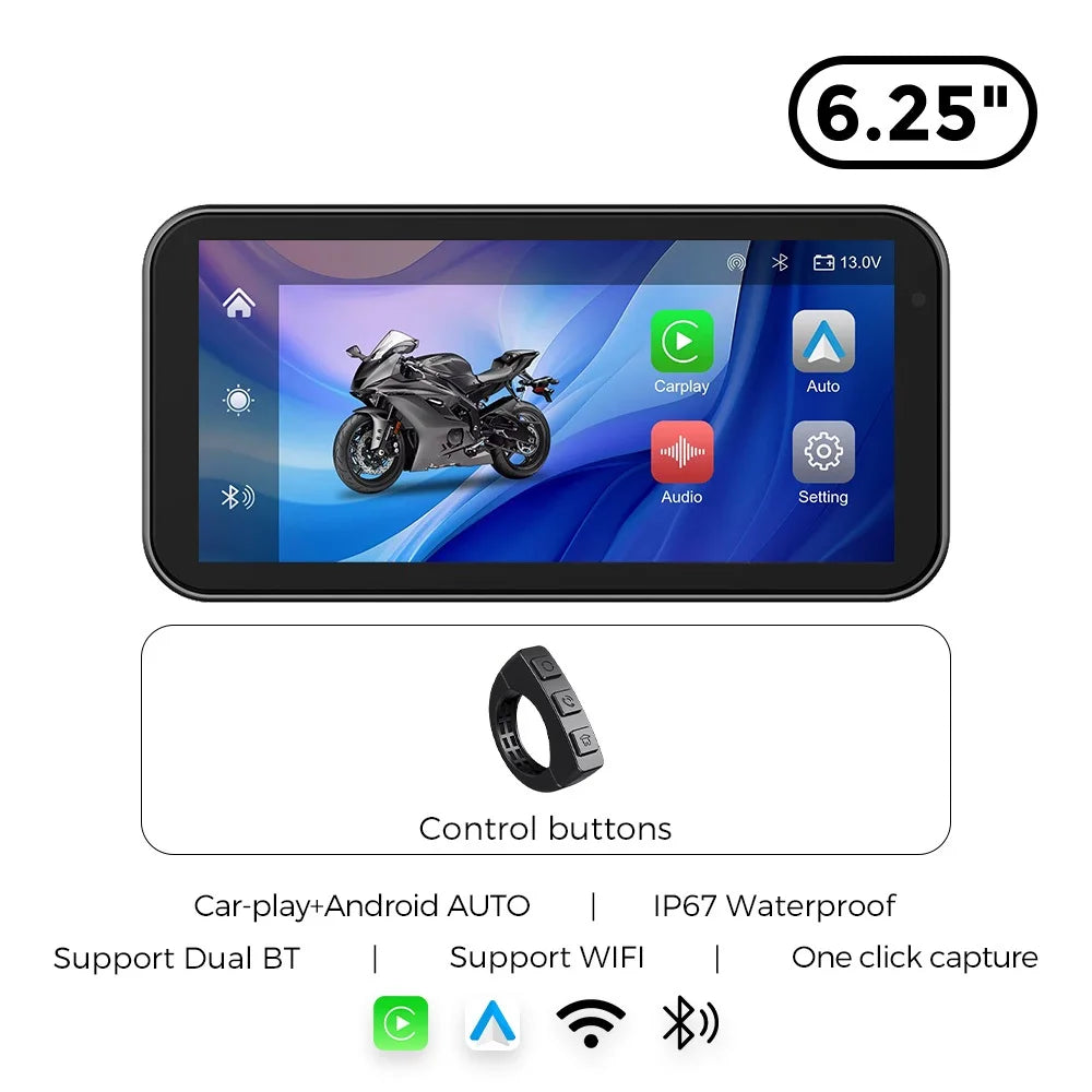 Portable 6.25 Inch IP67 Waterproof Motorcycle GPS Navigation Support Wireless Carplay Android Auto DVR Drive Recorder Moto TPMS